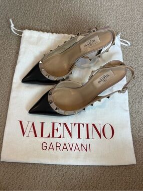 Valentino Garavani Black and Nude Rockstud Pointed Slingback Pumps